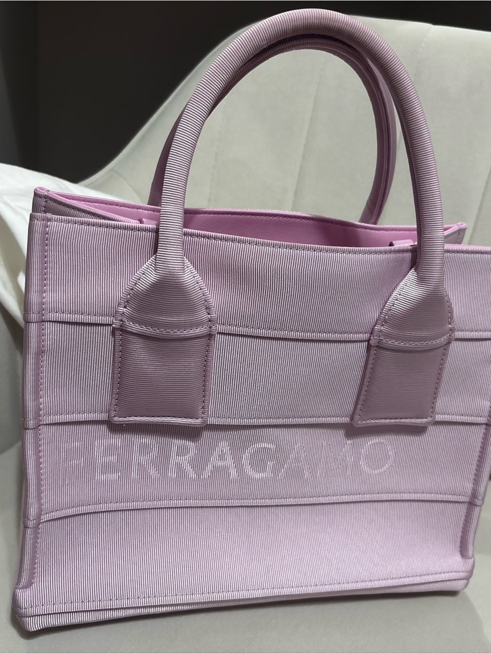 Salvatore Ferragamo Light Pink Ribbed Canvas Tote